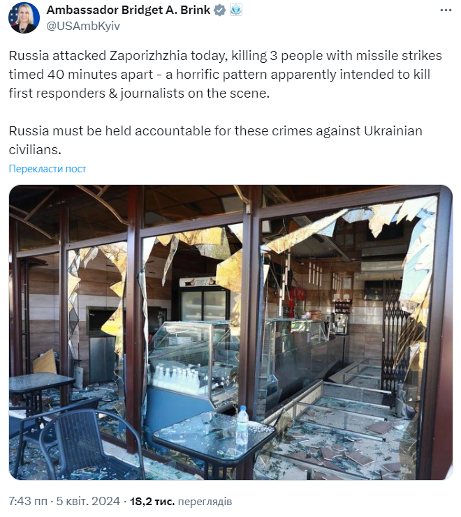 Посол США про ракетний удар росіян по Запоріжжю: Жахлива тактика